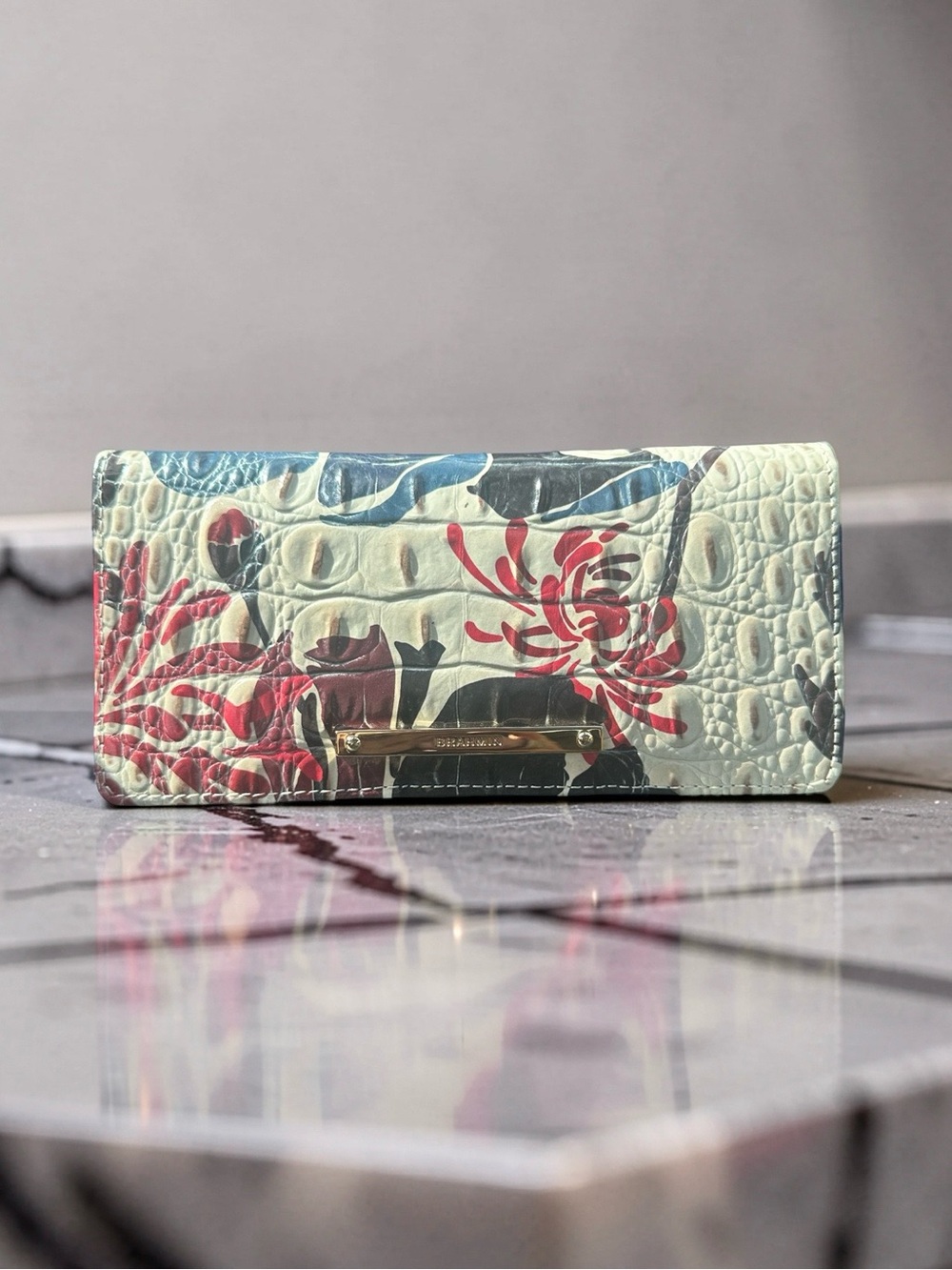 New Brahmin Ady Wallet Glossy Red Blue Floral Print Glossy Cro-Embossed Leather